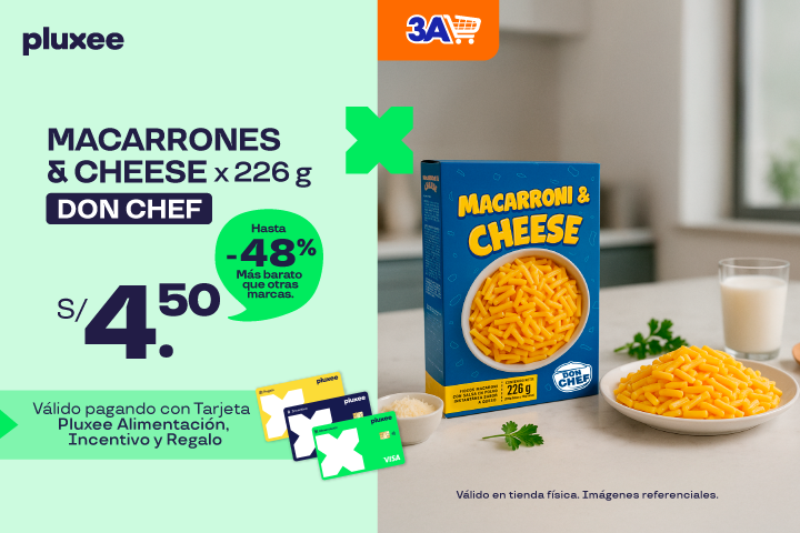 MACARRONES % CHEESE X226G DON CHEF HASTA -48% S/.4.50. VÁLIDO EN TODAS LAS TIENDAS.